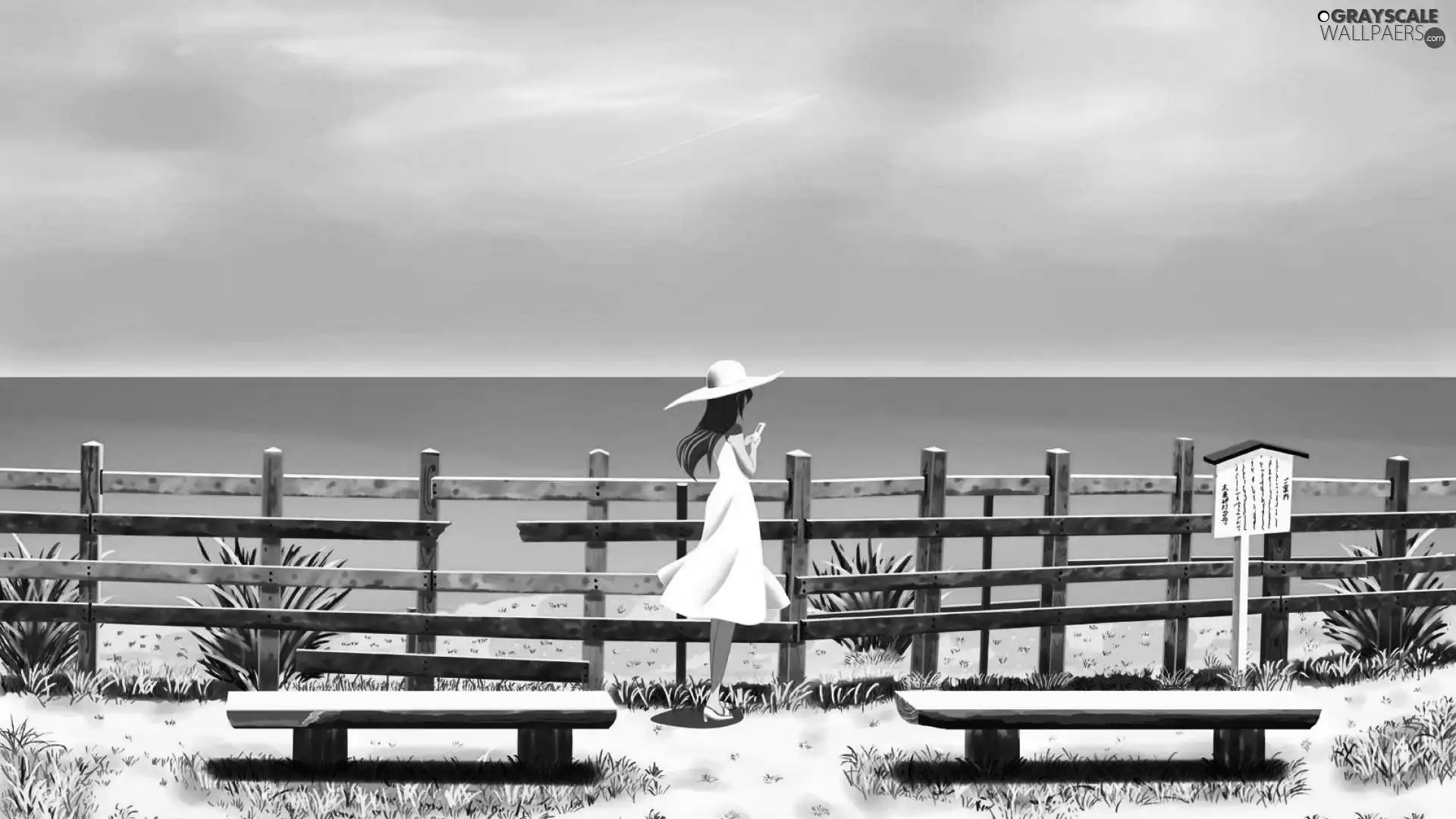 bench, girl, sea