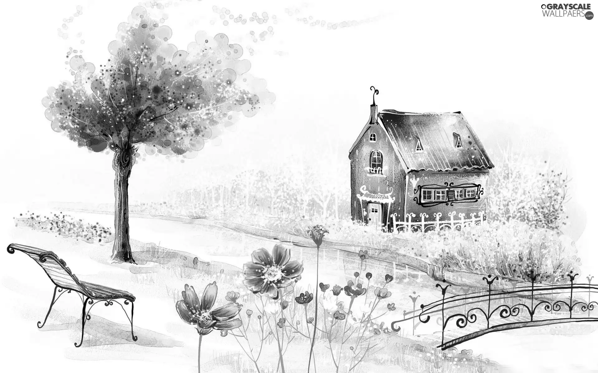 Home, Drawing, Bench, trees, brook, graphics