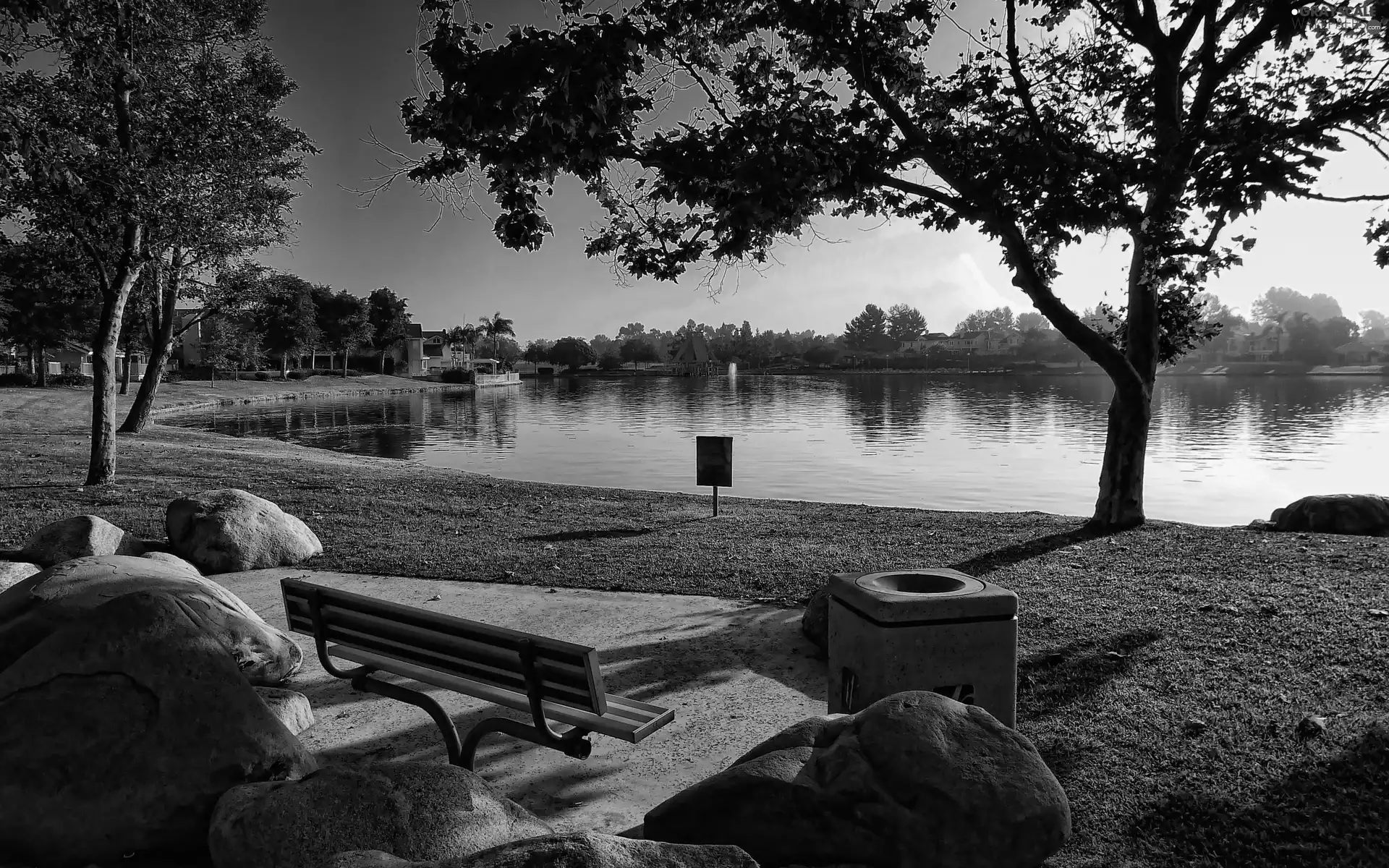 viewes, Park, Bench, water, Stones, trees