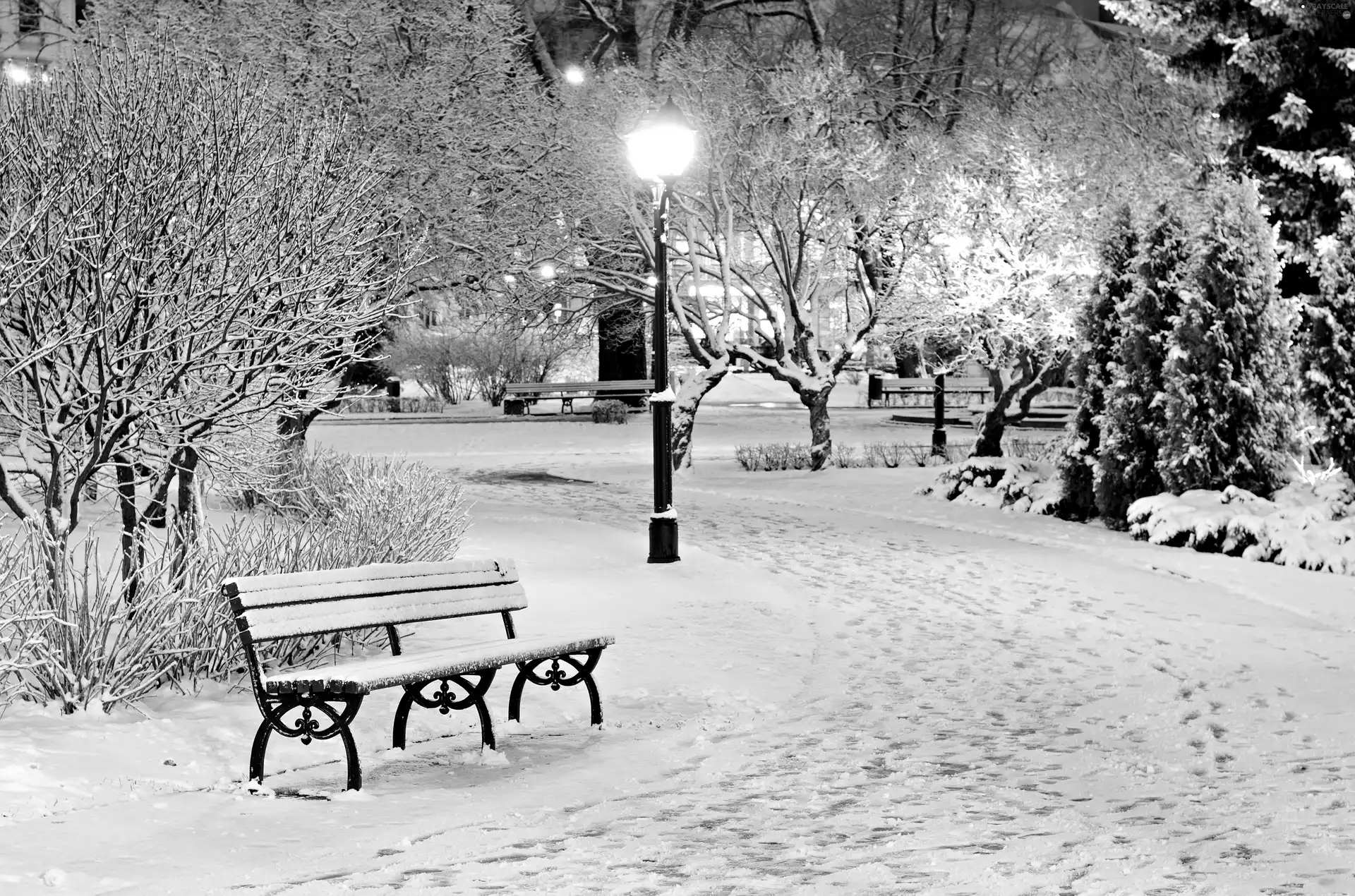bench, winter, Alleys, lanterns, Park