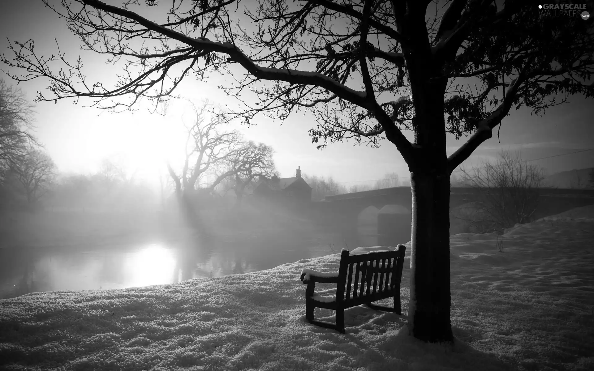 Bench, winter, bridge, Fog, River
