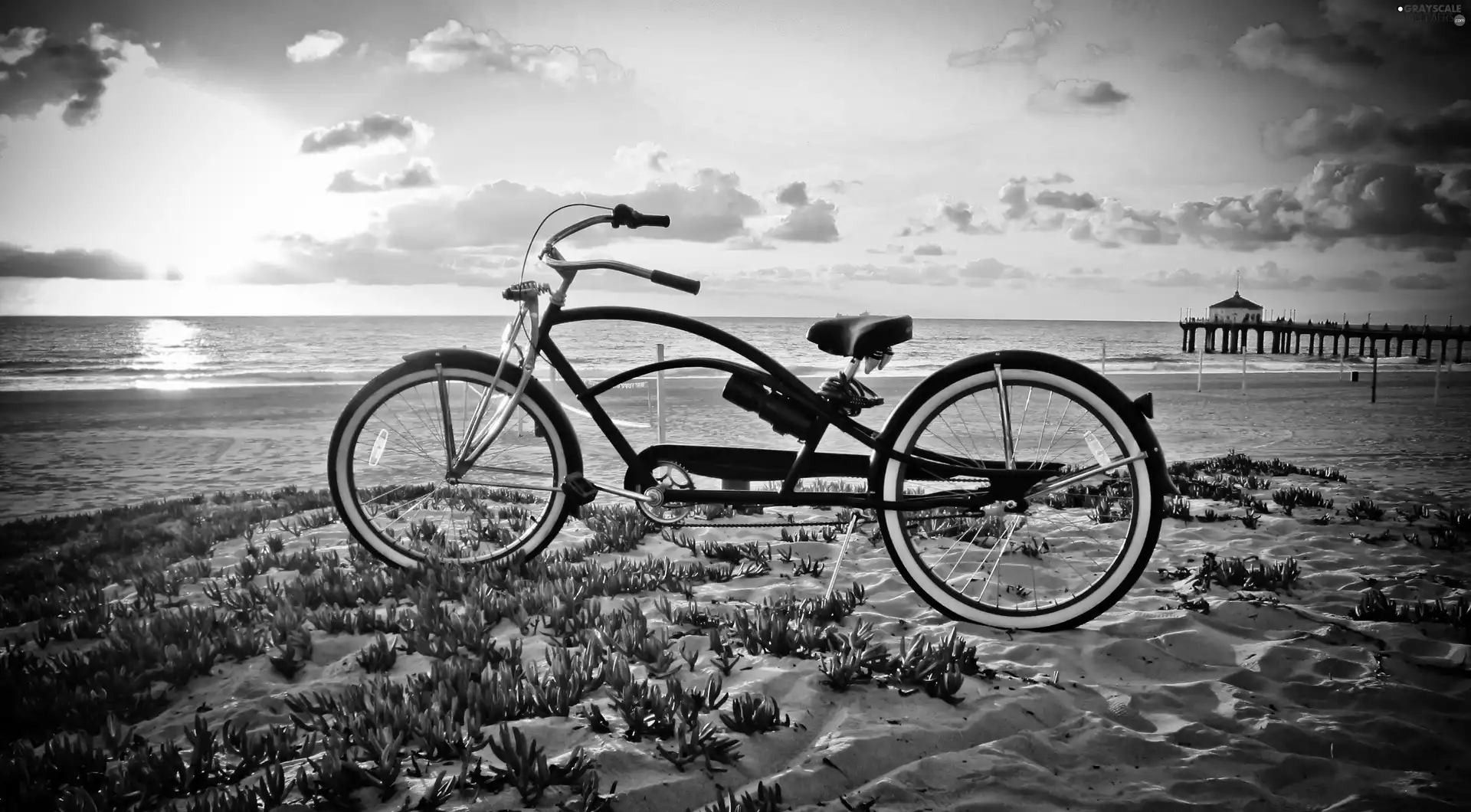 sea, clouds, Bike, Beaches