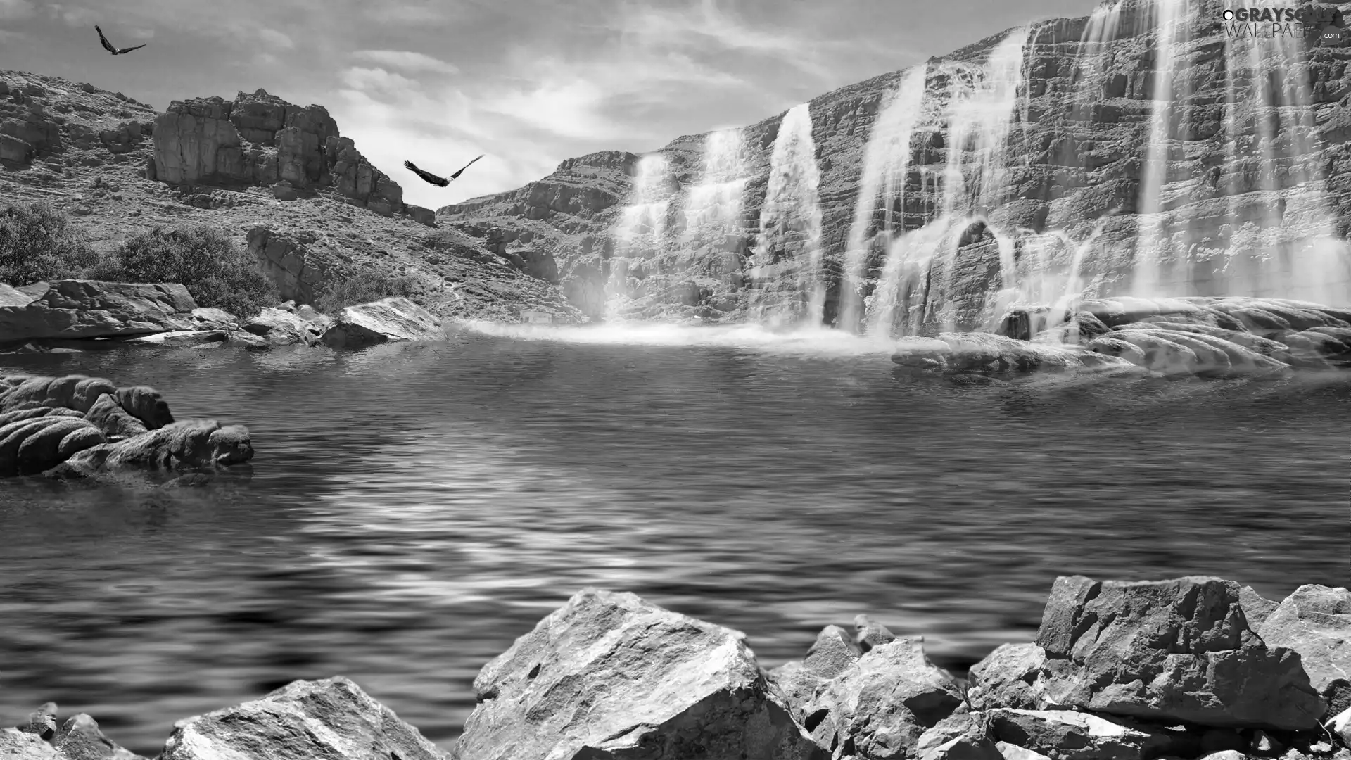 birds, waterfall, lake