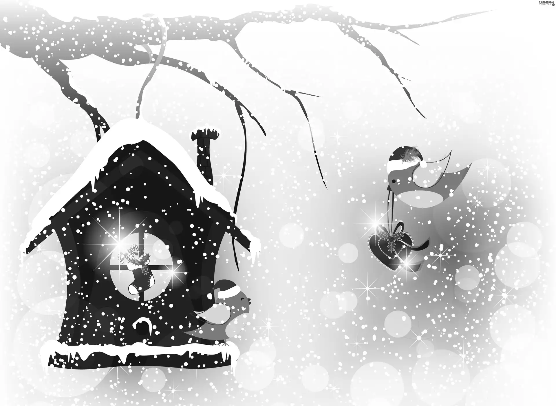 snow, booth, Birds on the log