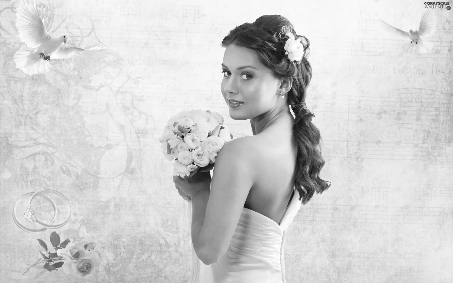 Women, bouquet, birds, wedded