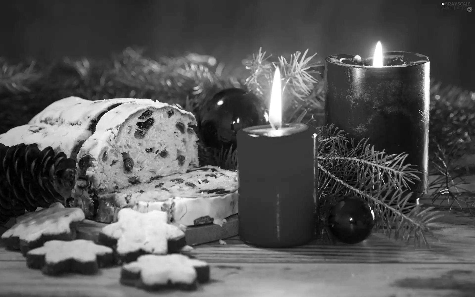 cakes, Red, Christmas, composition, baubles, Candles