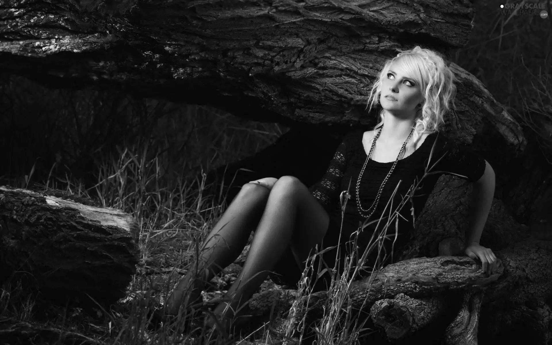 dress, Blonde, rocks, black, Women, chaplet, grass