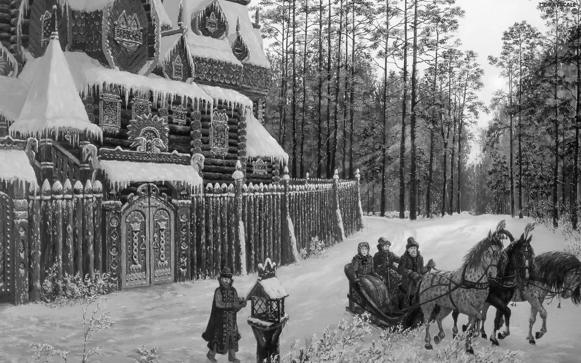bloodstock, sleigh, house, forest, winter