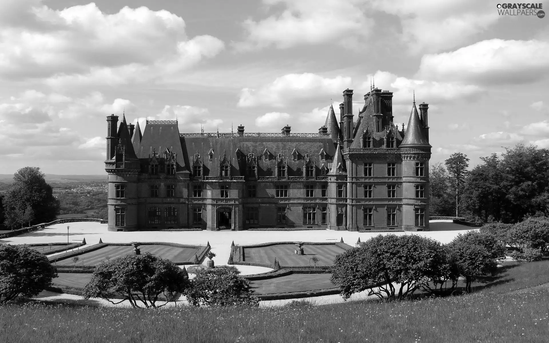 trees, Castle, blue, Sky, viewes, Garden