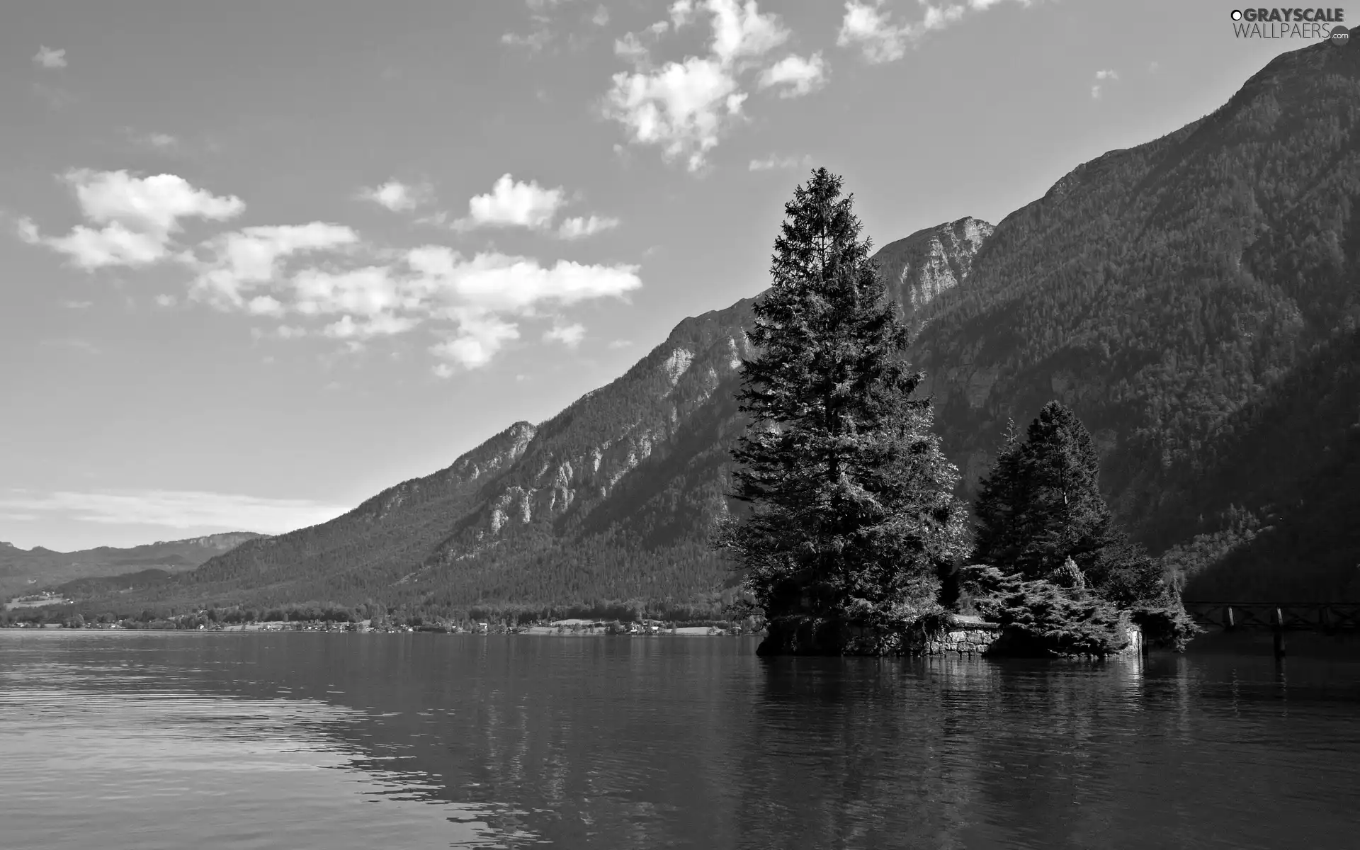 trees, lake, blue, Sky, viewes, Mountains
