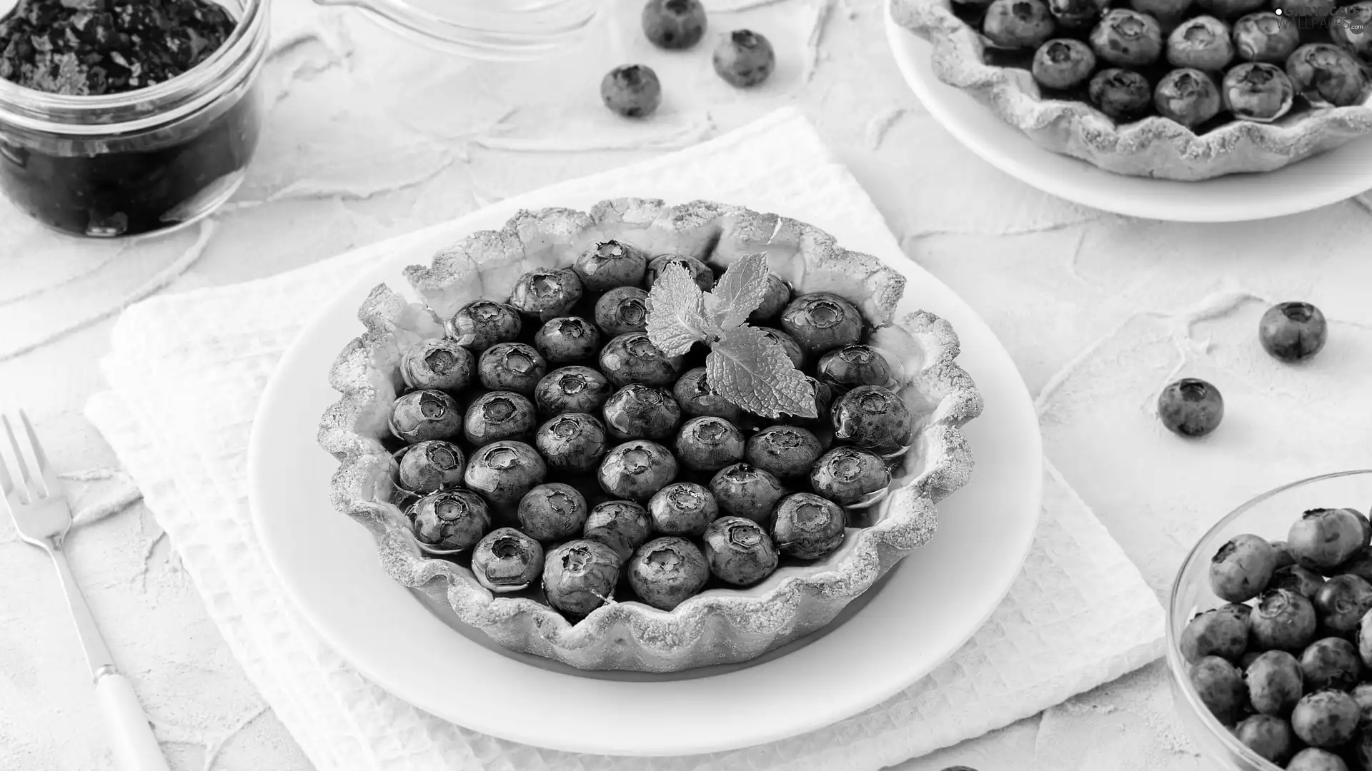 cake, mint, plate, blueberries