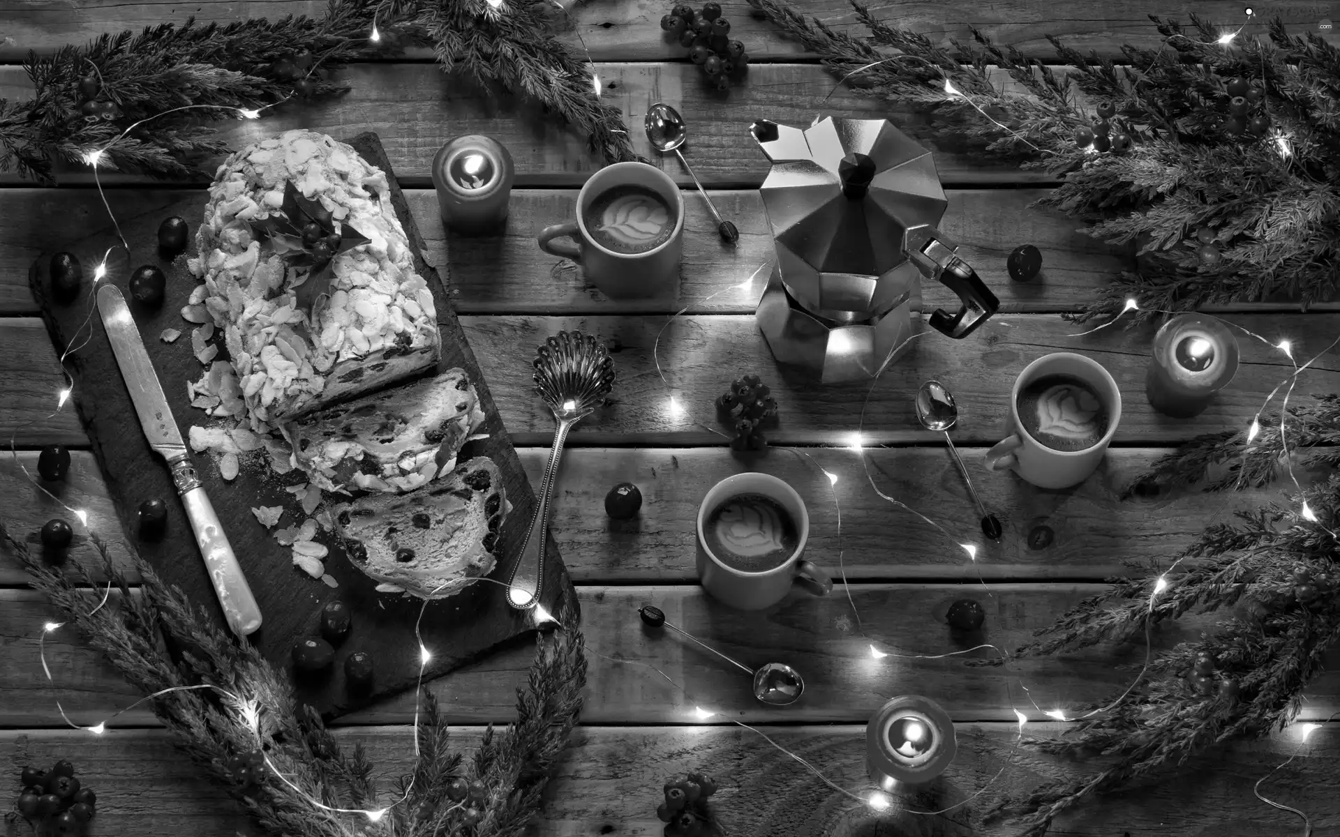 cups, boarding, knife, candles, lights, Spoons, Twigs, Christmas, composition, blueberries, cake, coffee