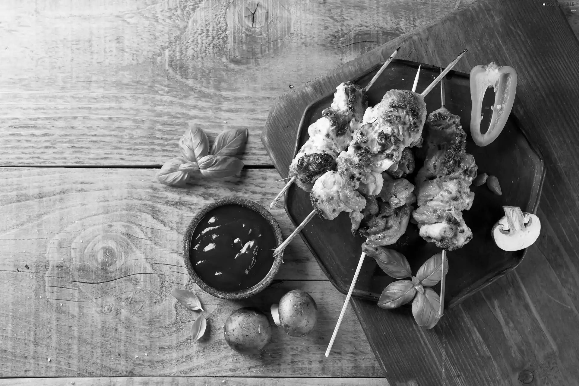 basil, board, Ketchup, mushrooms, Skewers
