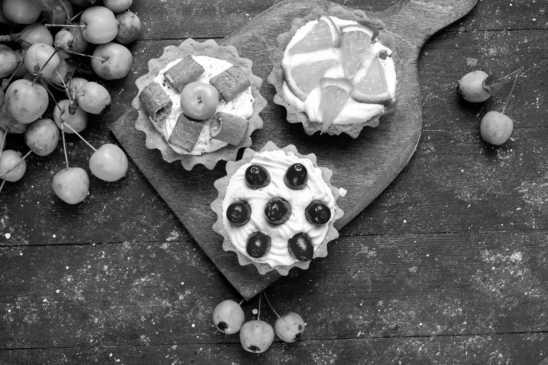 cream, tartlets, Fruits, board, different, Muffins