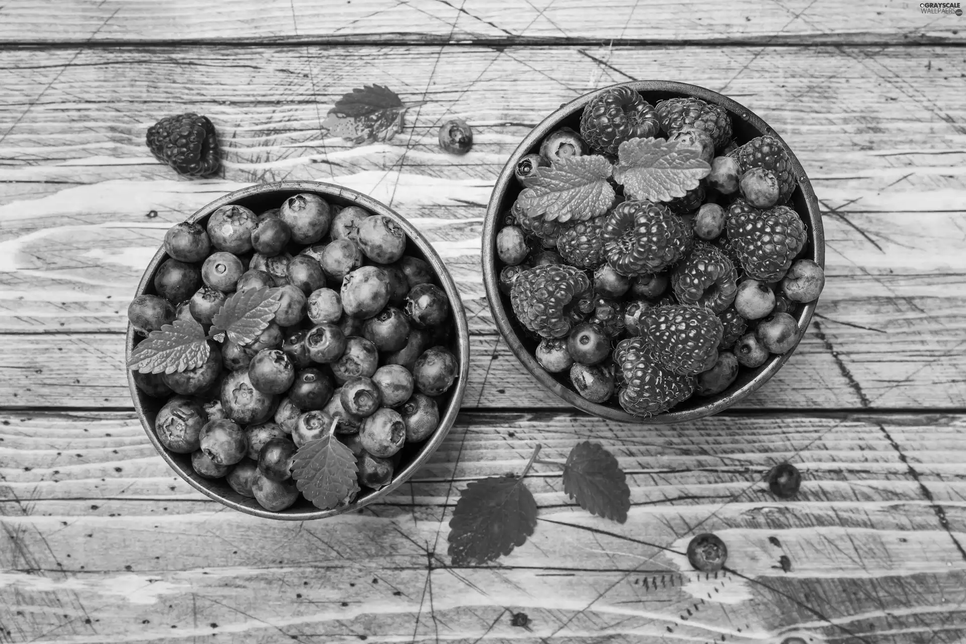 blueberries, Fruits, Bowls, board, Leaf, raspberries