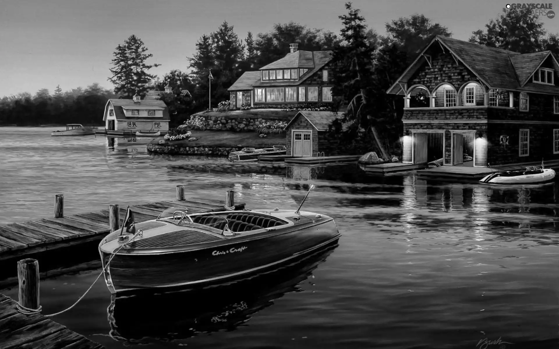 Boat, evening, by, lake, Houses