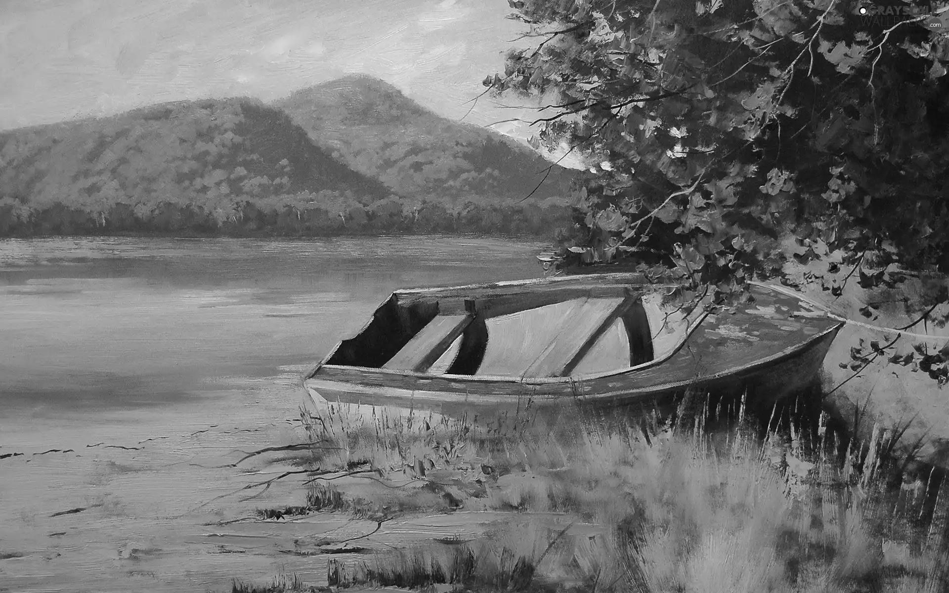 Boat, lake, Mountains