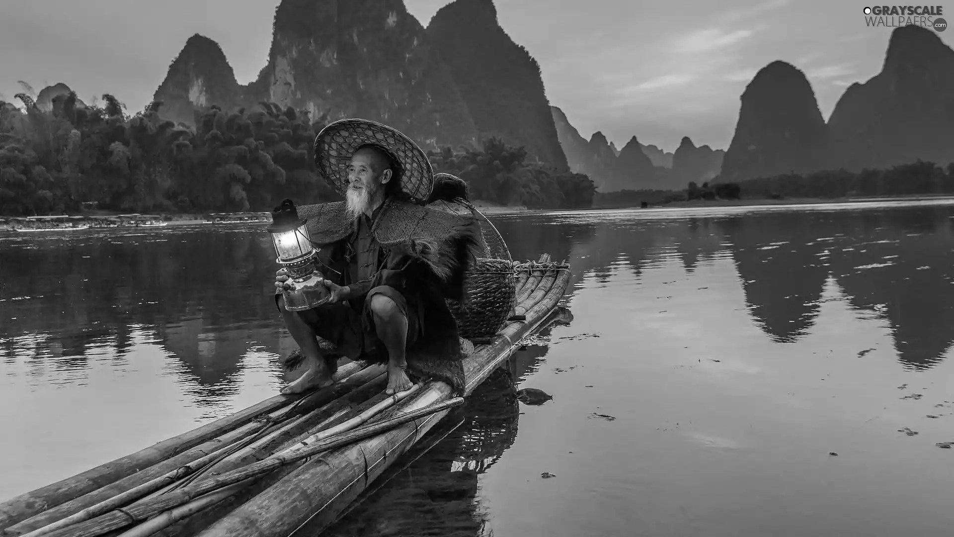 Old car, River, old man, Boat, Mountains, Human, Lamp