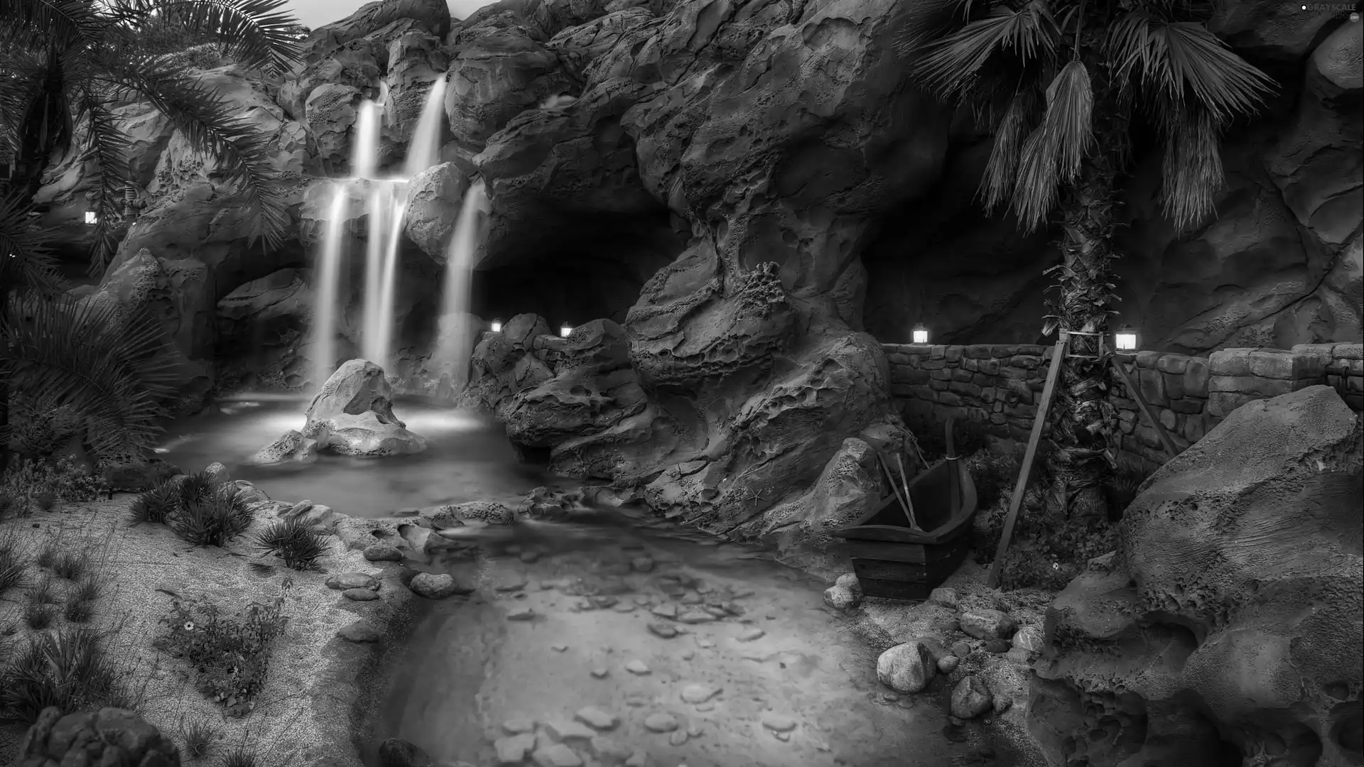 Boat, rocks, waterfall