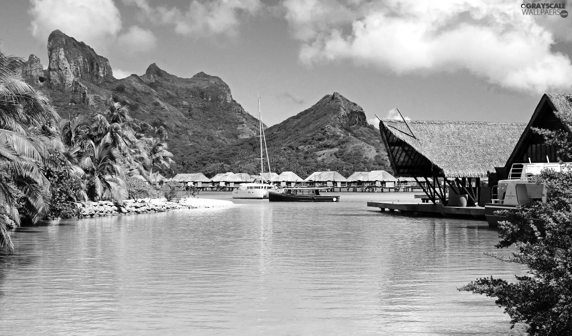Boats, Bora Bora, sea, Houses, Mountains