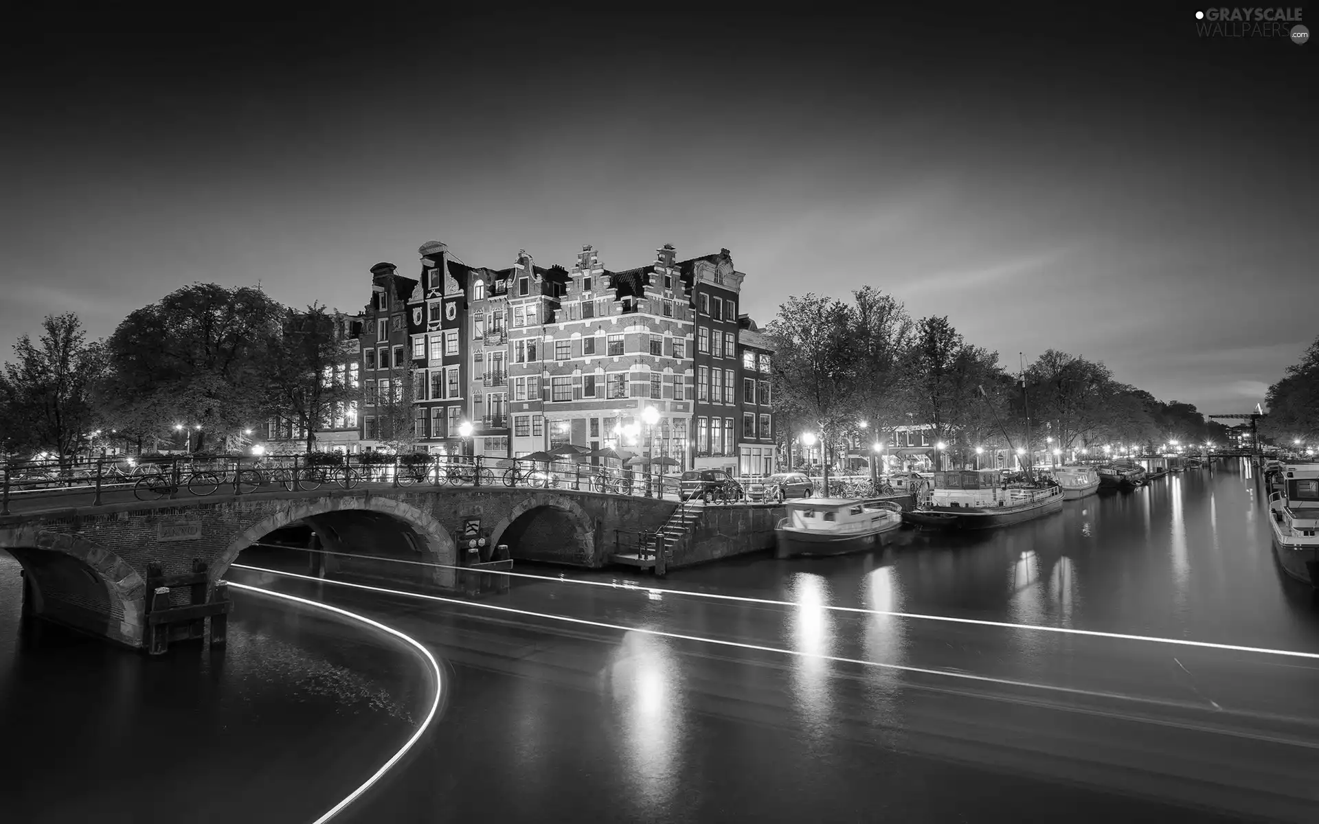 buildings, Boats, Night, Barges, Netherlands, bridge, River, Amsterdam