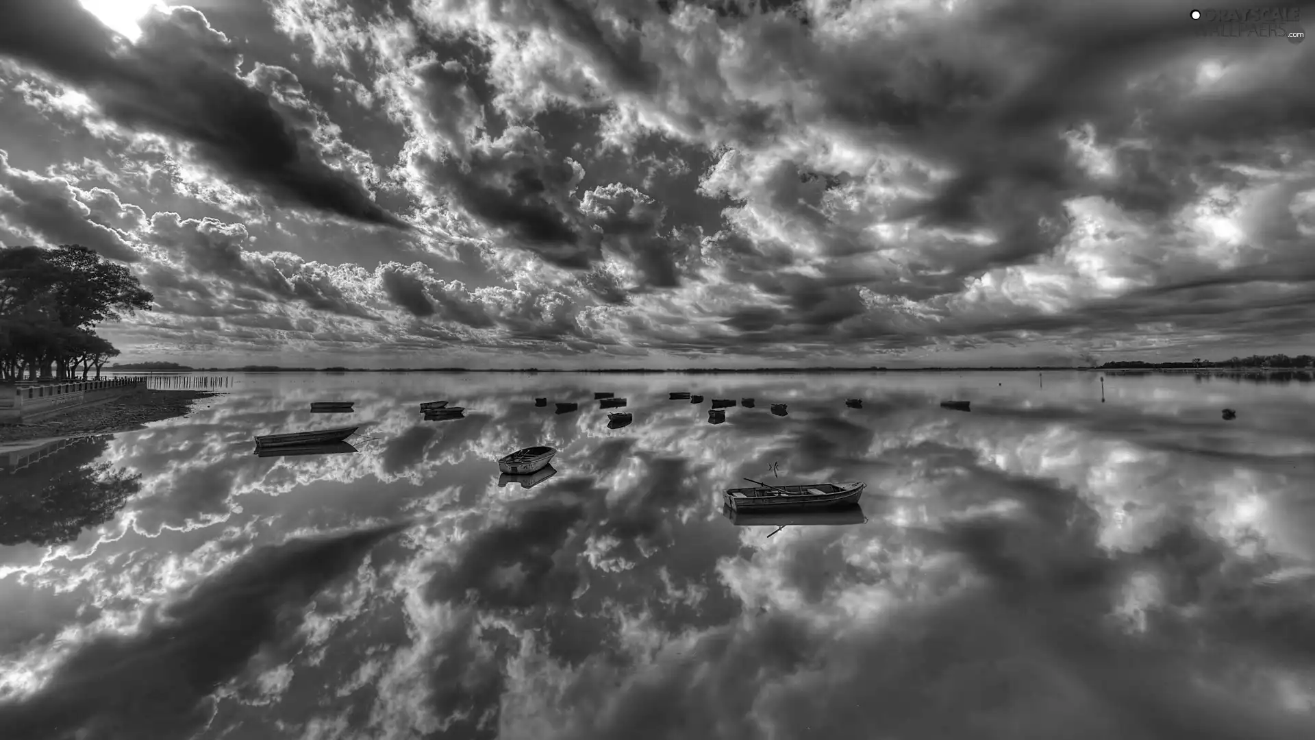 boats, dark, clouds