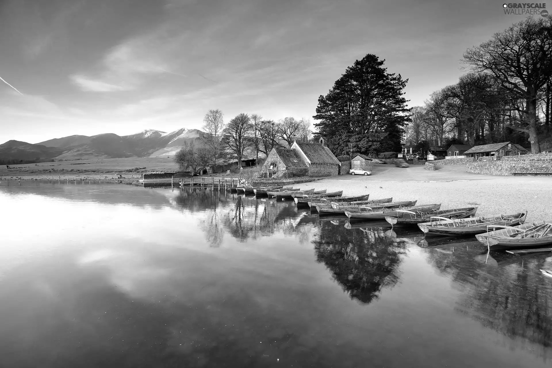 Boats, Houses, lake, Beaches, Mountains