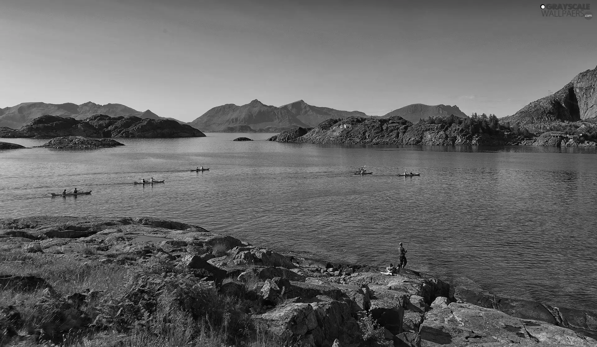 boats, sea, Mountains