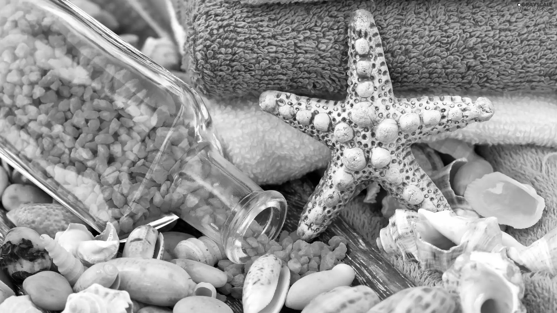 Shells, salt, Spa, Bottle, Blue, starfish, Towels