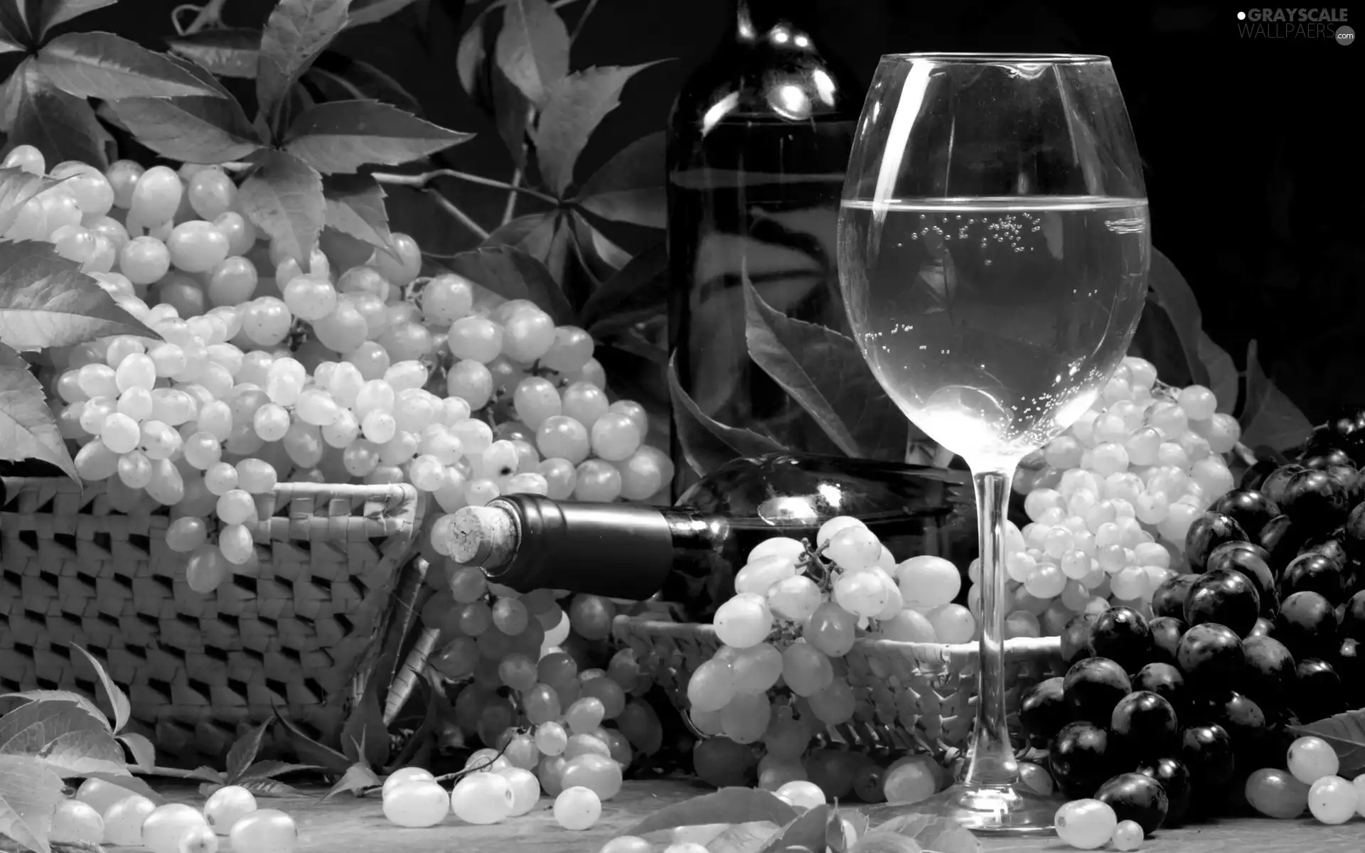 Bottle, Wine, grapes, glass, bunches