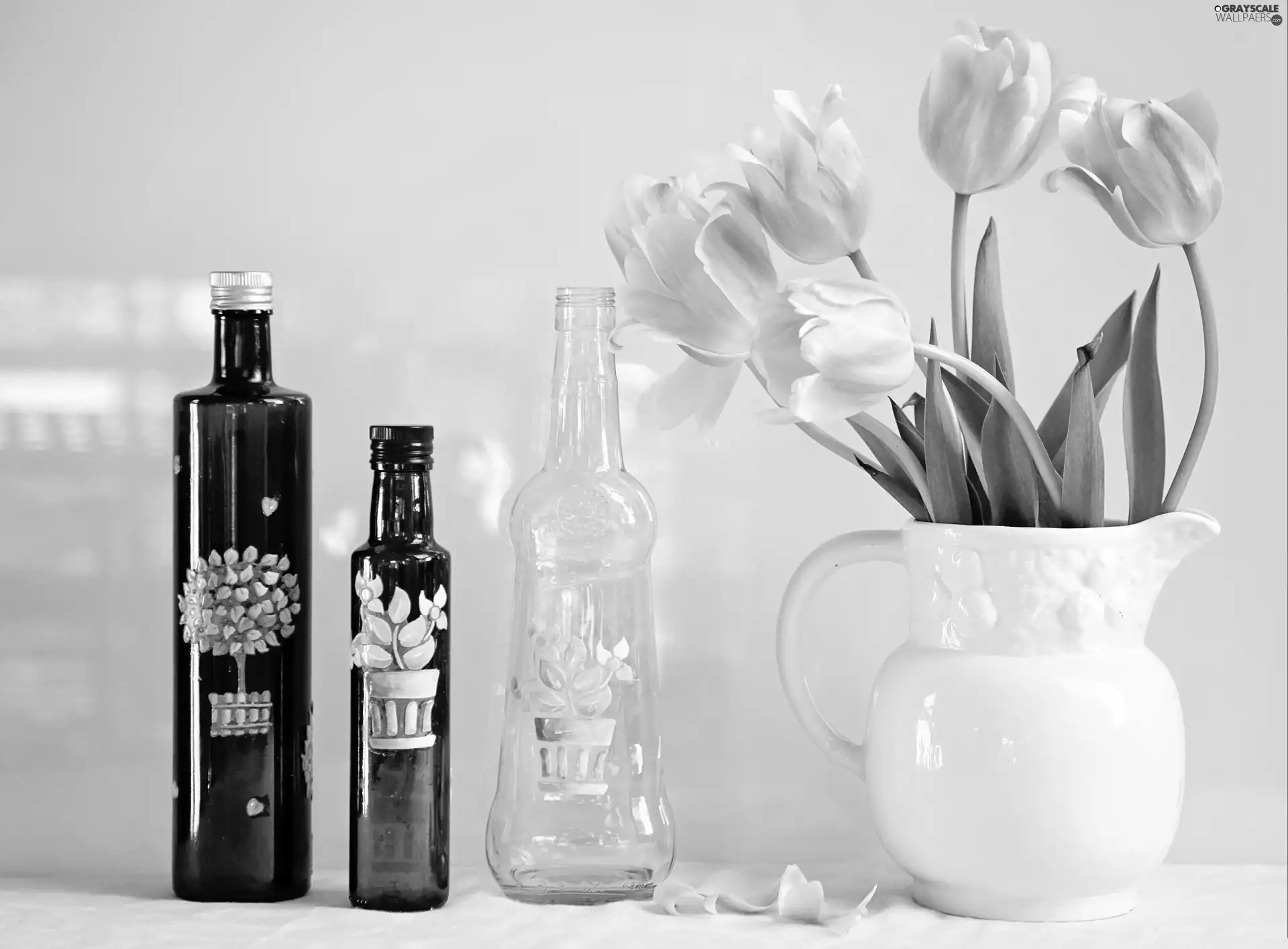 Bottles, pitcher, Tulips