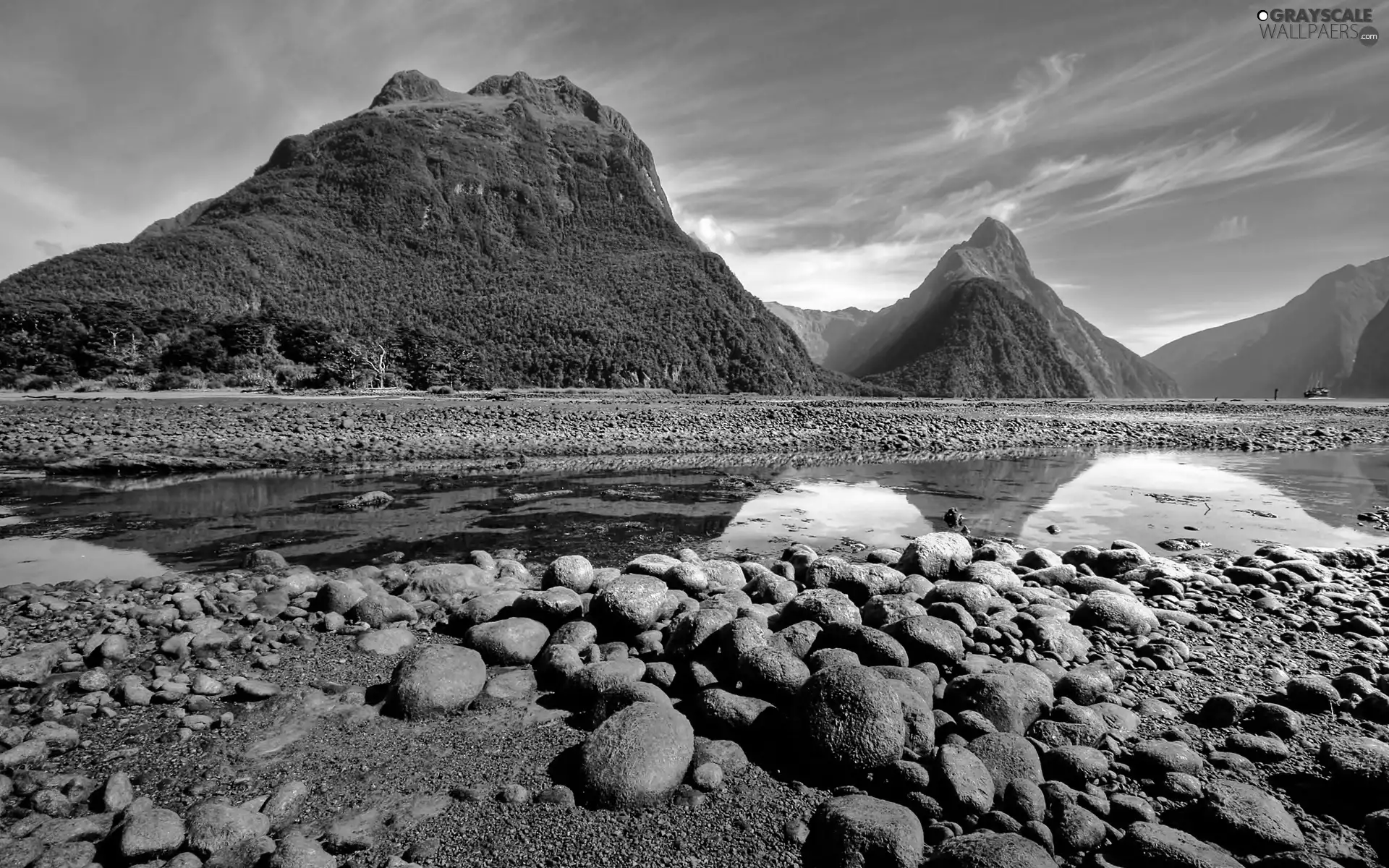 Mountains, mossy, boulders, lake
