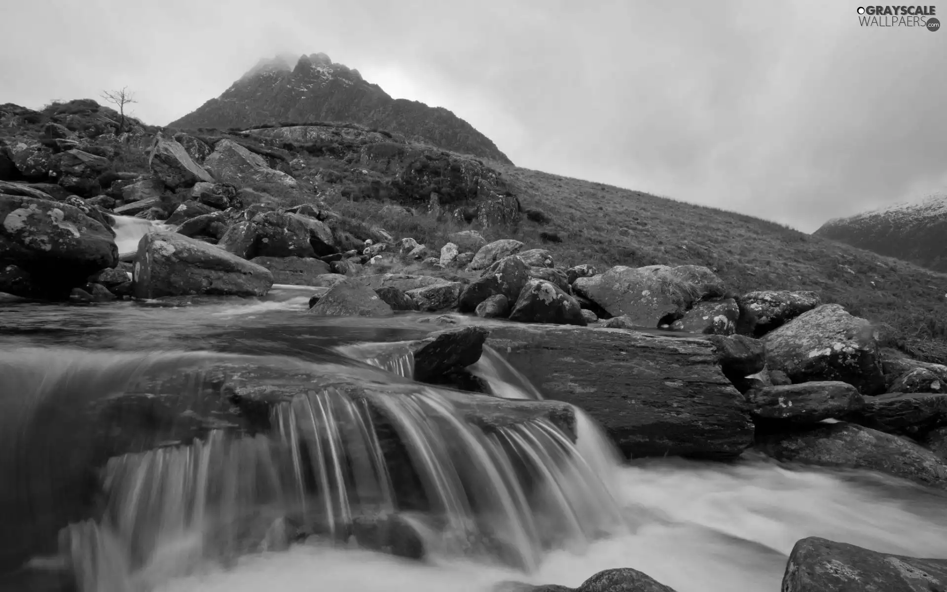 boulders, waterfall, slope, River, Mountains