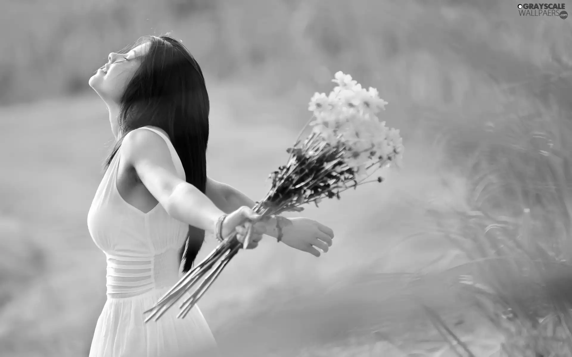 bouquet, flowers, girl, Meadow, Romantic