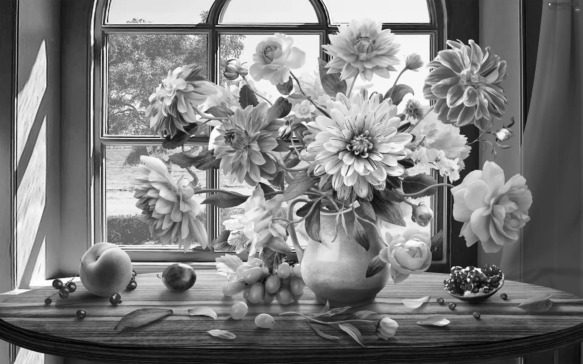 jug, roses, Window, bouquet, dahlias, Fruits, 2D