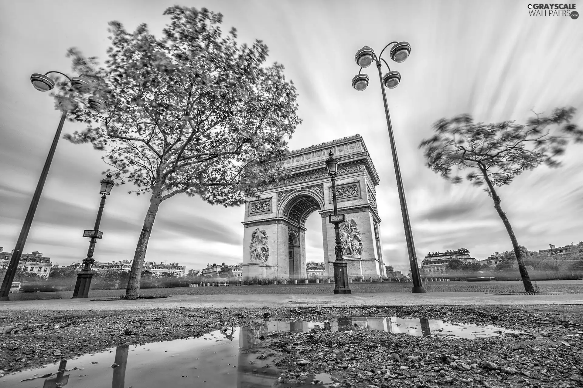 trees, lanterns, Bow, Paris