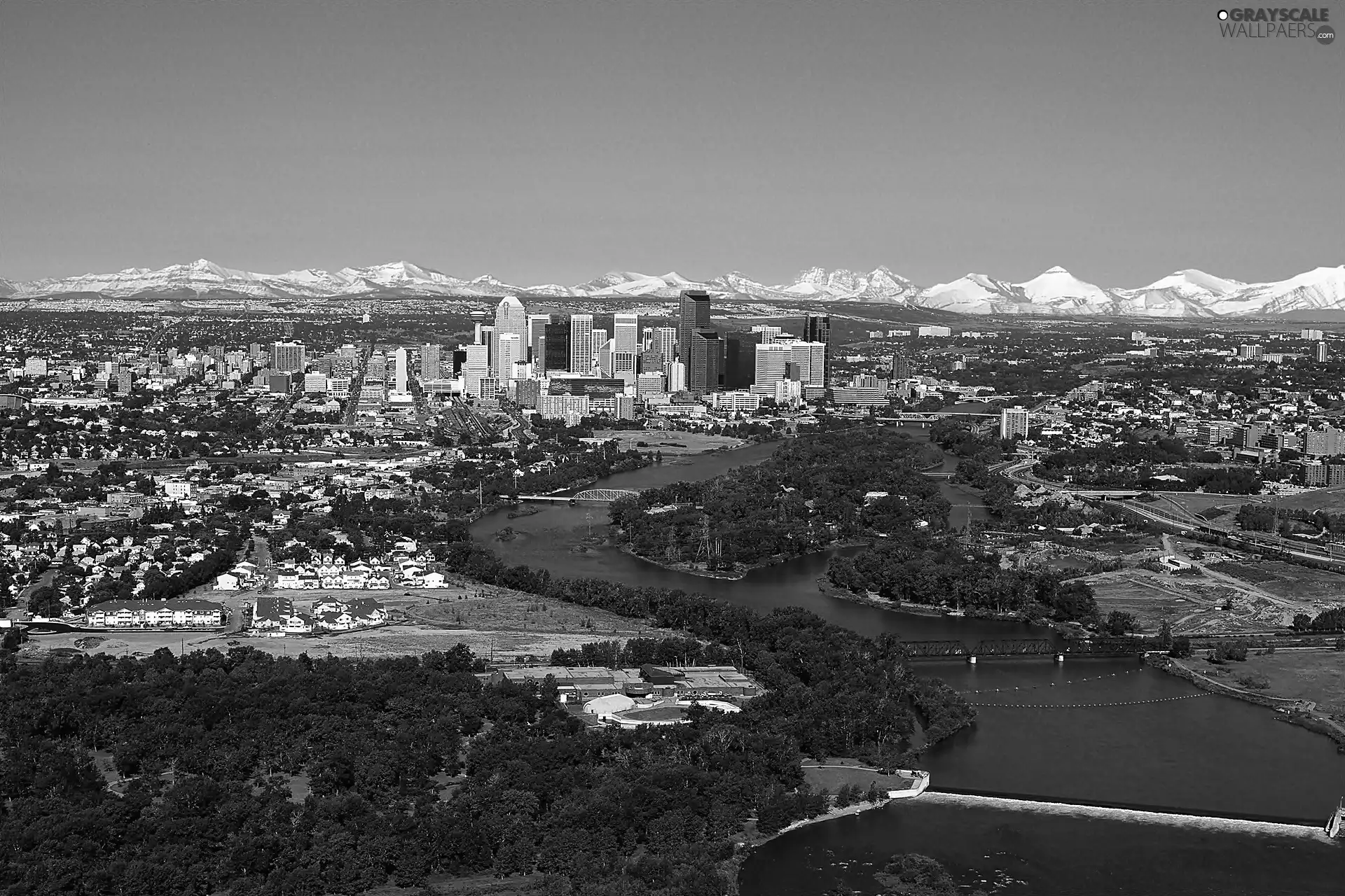 town, Calgary, Bow, VEGETATION, River, panorama