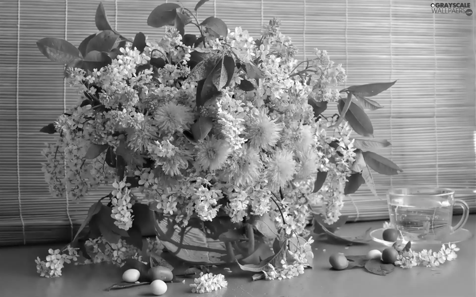 puffball, bouquet, bowl, cup, cherry, flowers