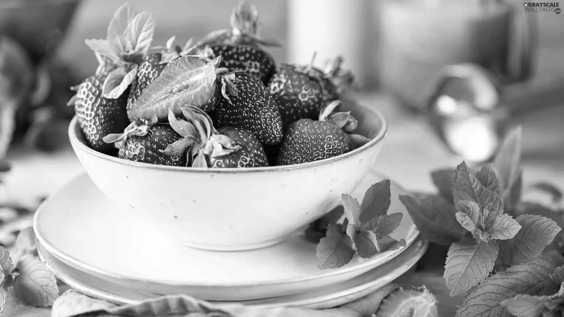 strawberries, Plates, mint, bowl