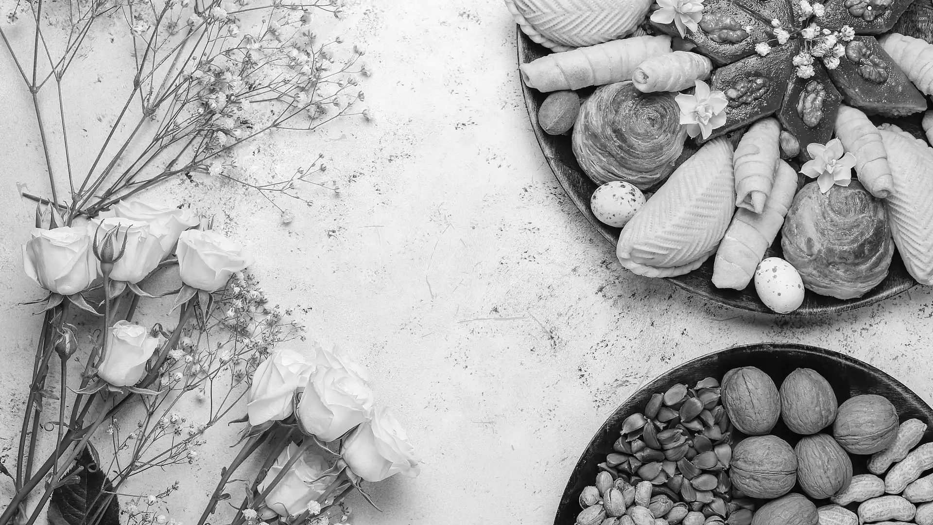 gypsophile, Flowers, nuts, bowls, Cookies, roses
