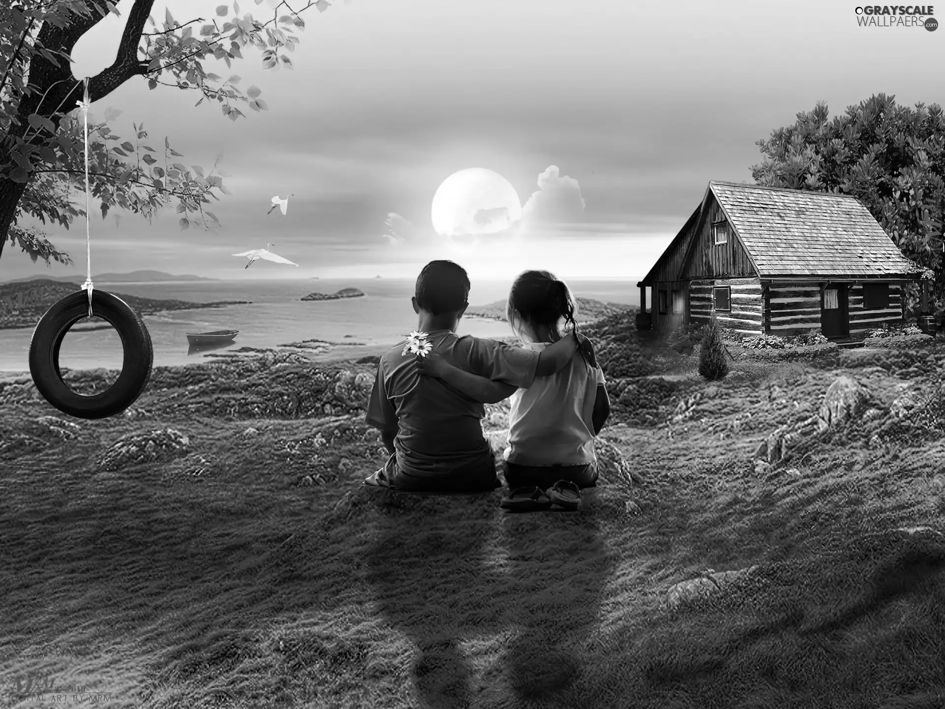 girl, west, sun, boy