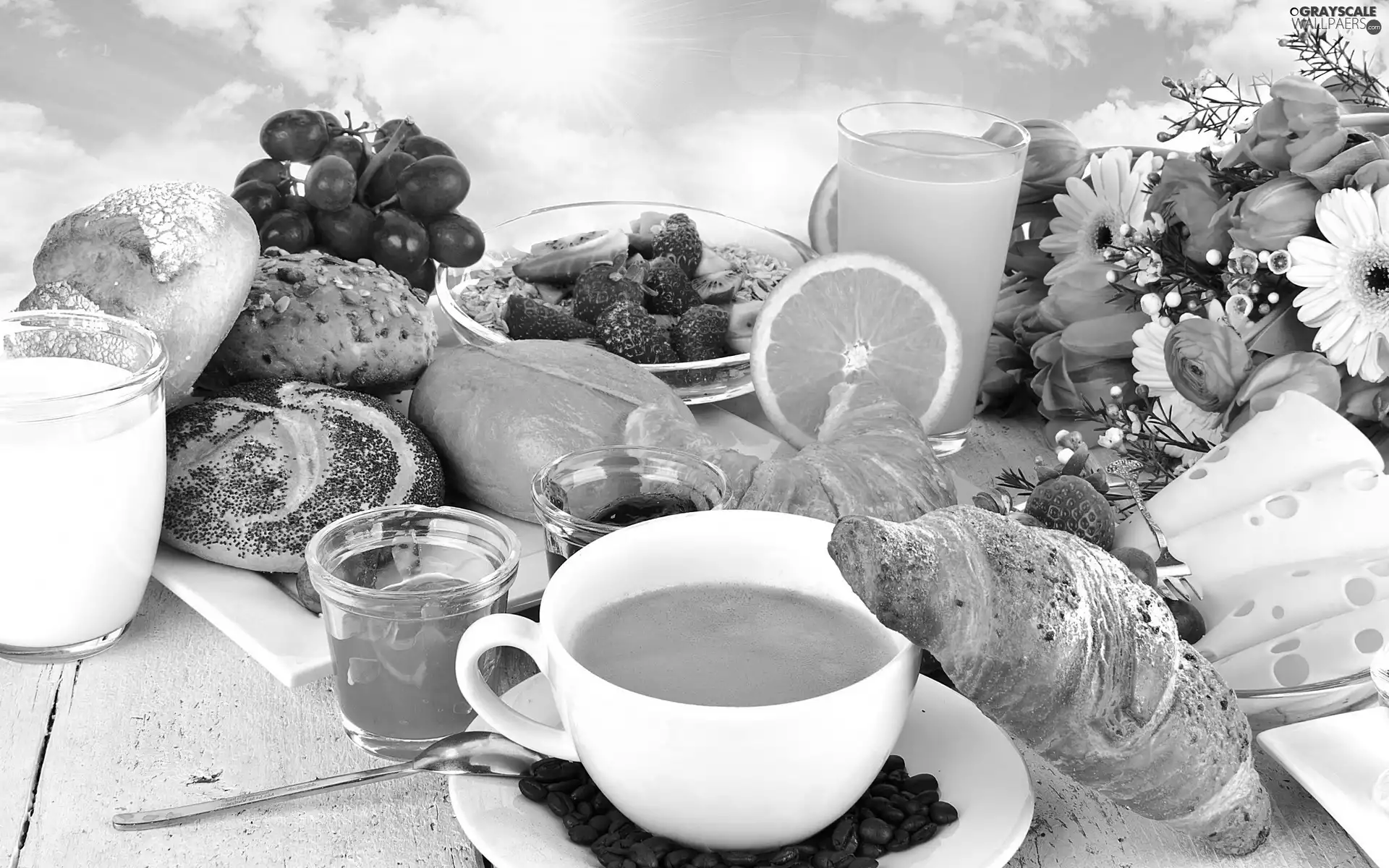 coffee, Buns, Fruits, breakfast, juice, cheese