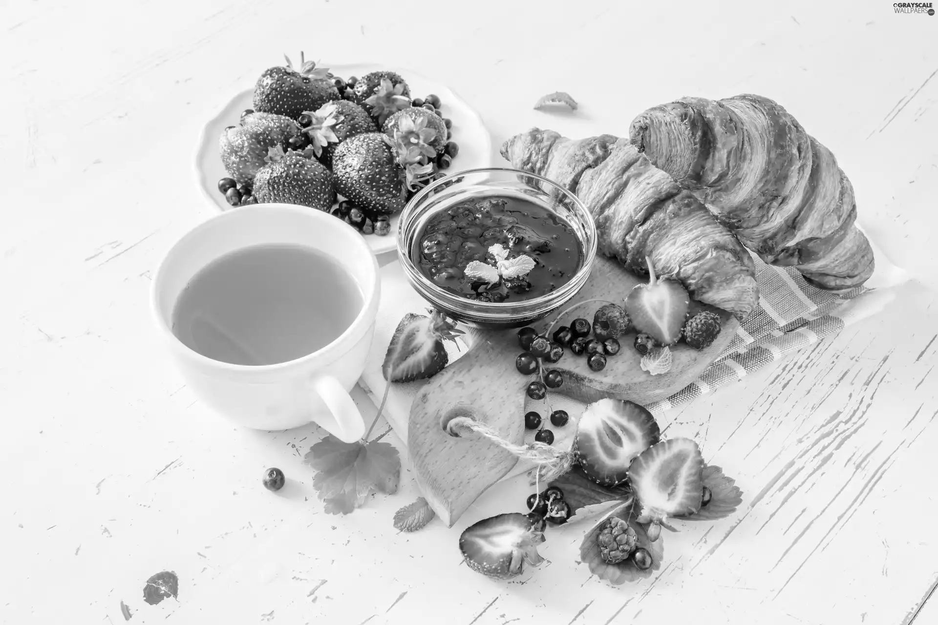 croissants, breakfast, Fruits, Jam, tea