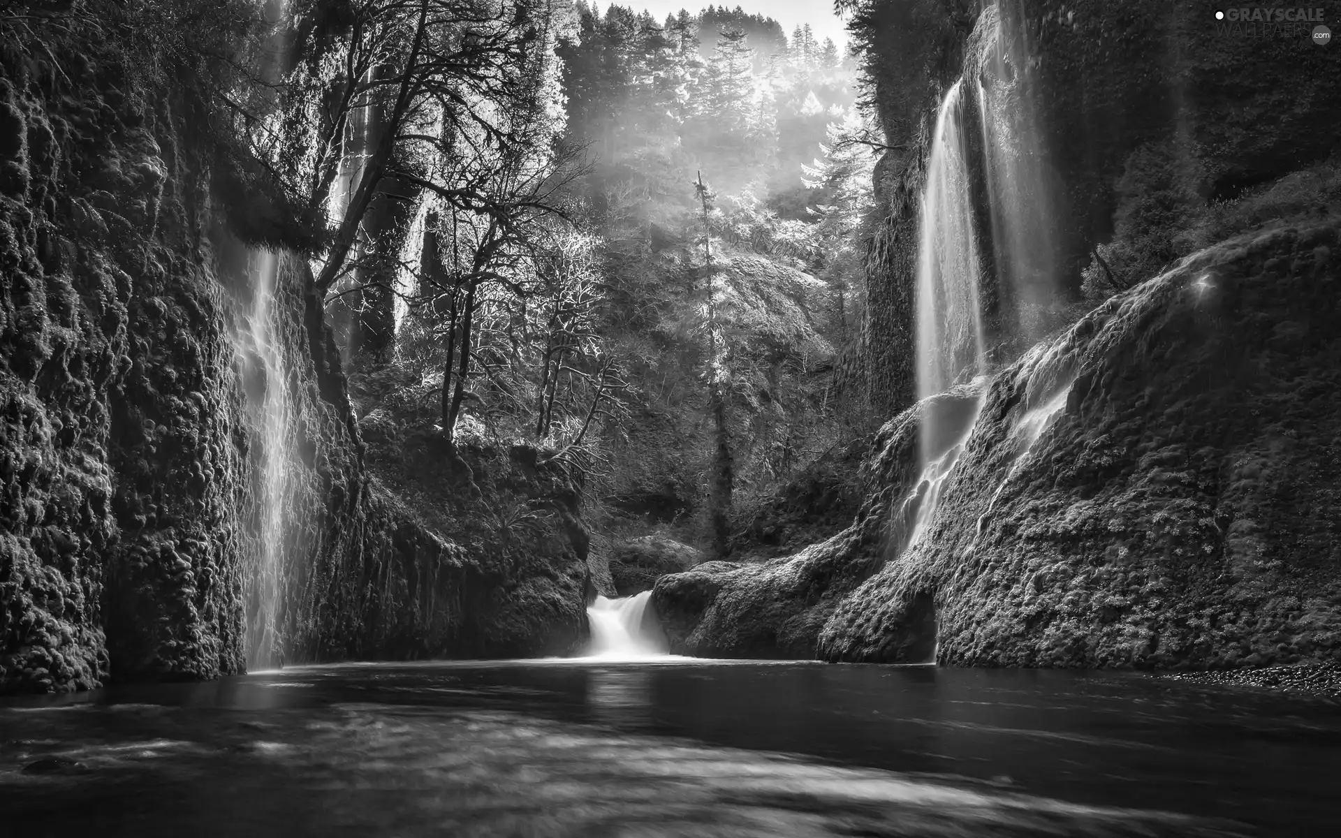 forest, River, light breaking through sky, waterfall