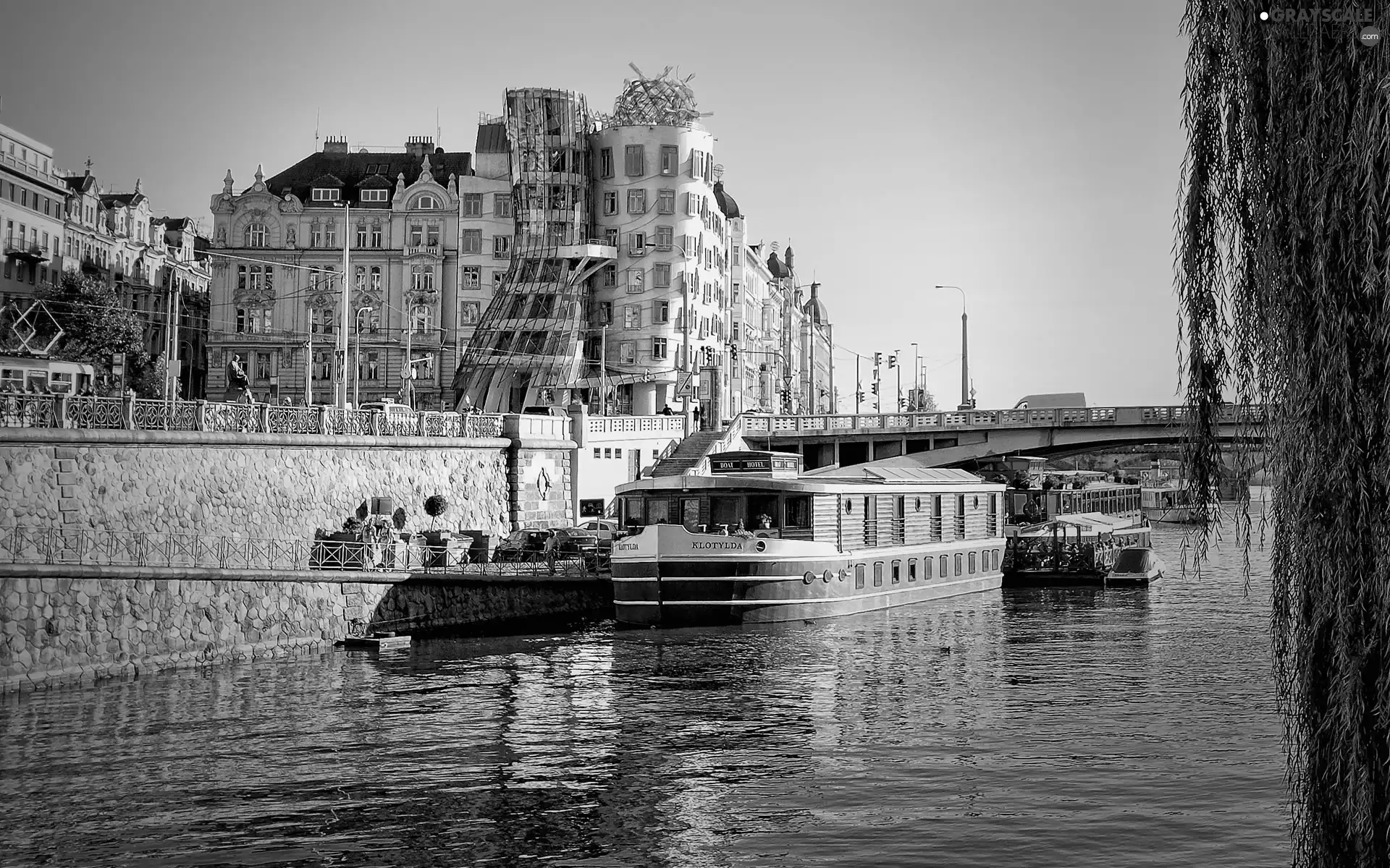 Prague, curves, bridge, Barges, River, Houses