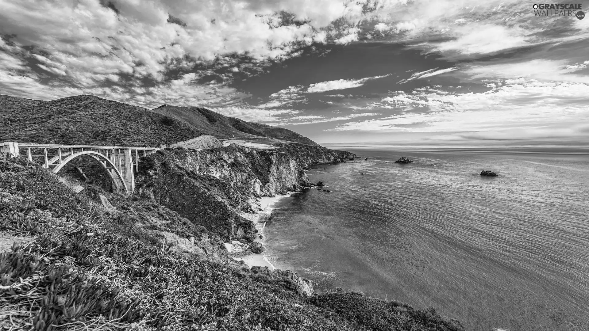 bridge, clouds, Mountains, Cliffs, Coast