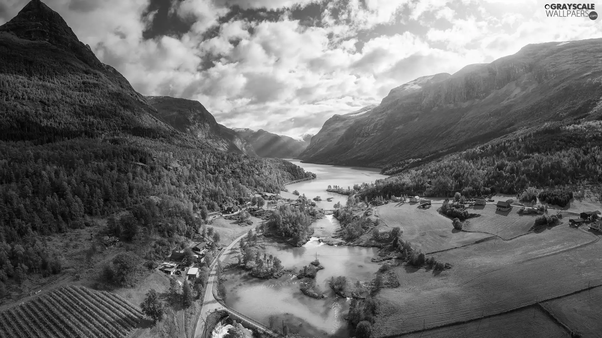 trees, viewes, clouds, River, Houses, forest, Mountains, bridge