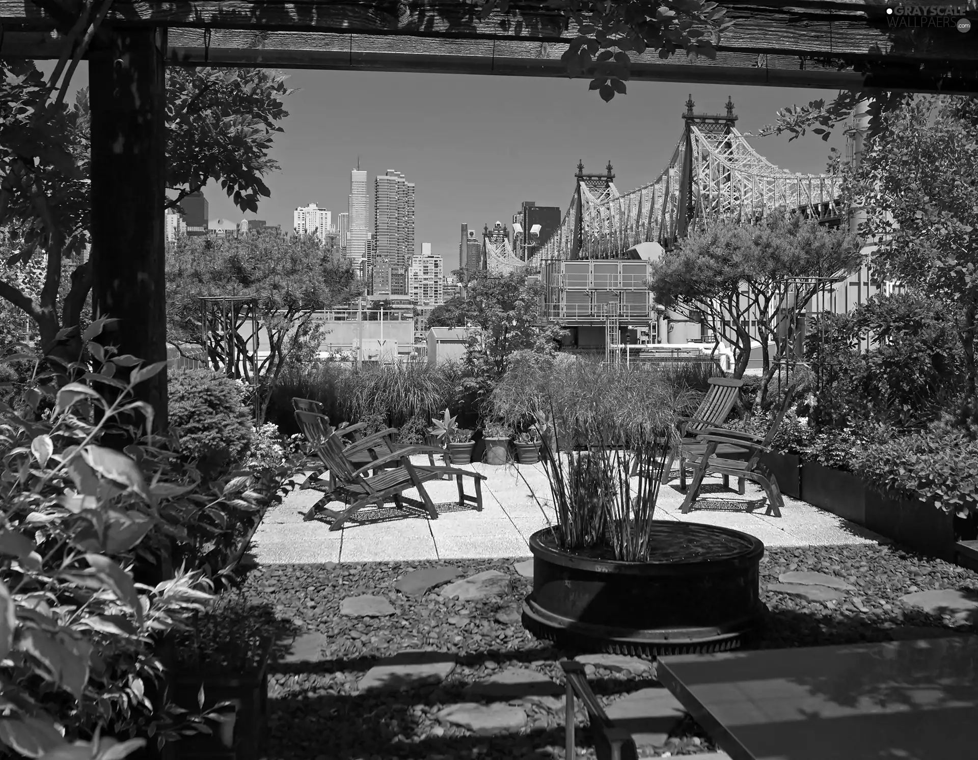 garden, clouds, bridge, skyscrapers