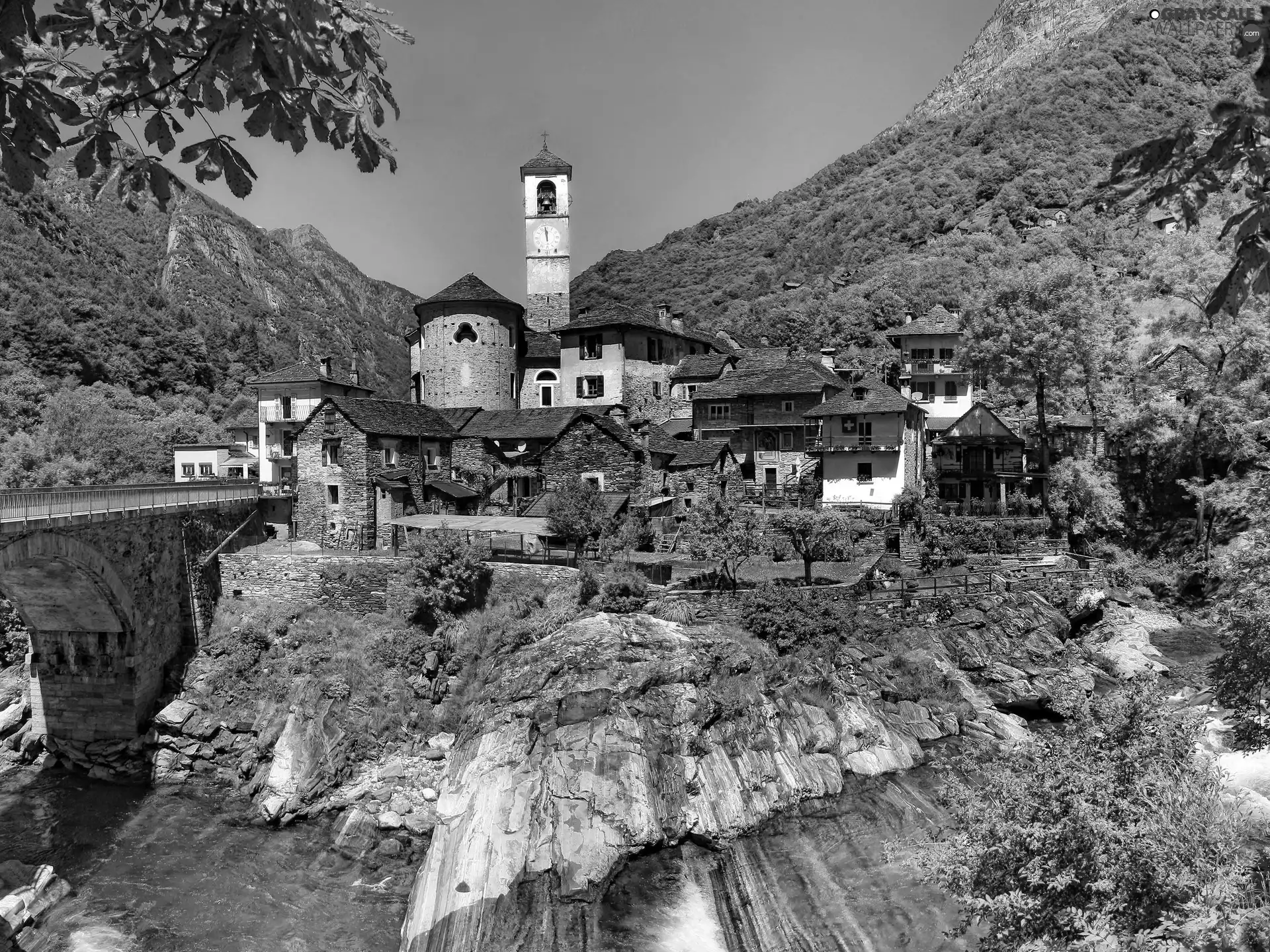Mountains, Houses, bridge, green, River, belfry