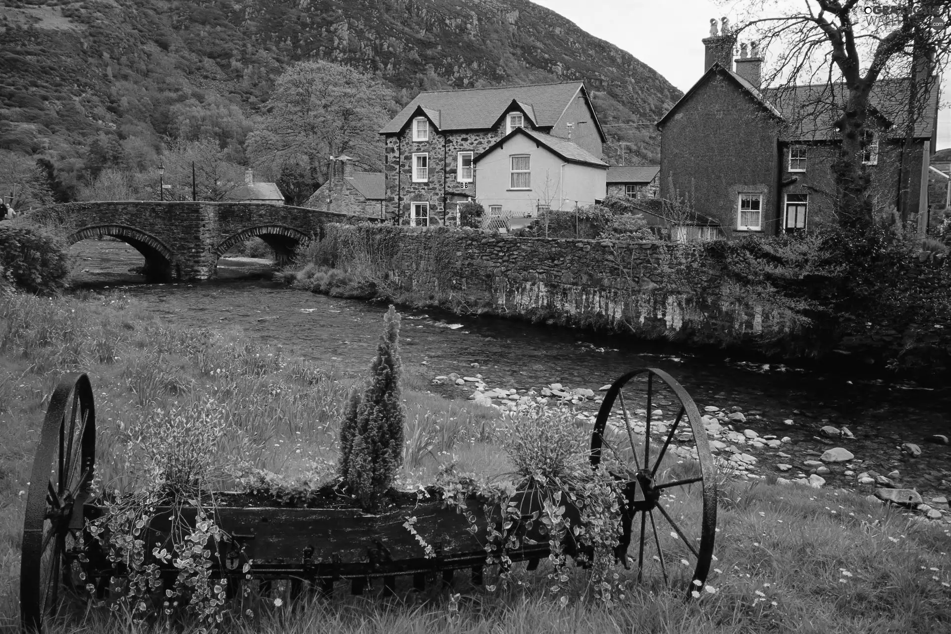 bridge, Houses, River, Meadow, Mountains